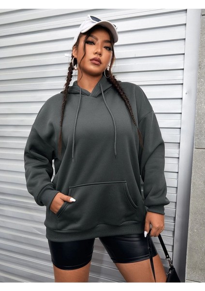 Unisex Change Your Thoughts Baskılı Kapüşonlu Oversize Füme Sweatshirt
