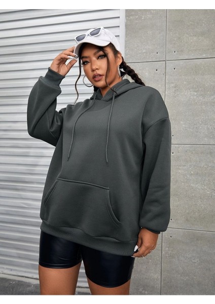 Unisex Change Your Thoughts Baskılı Kapüşonlu Oversize Füme Sweatshirt