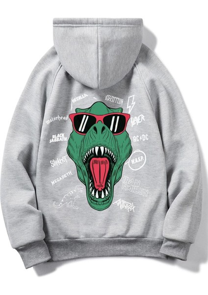 Unisex Oversize Dinozor Baskılı Kapüşonlu Sweatshirt