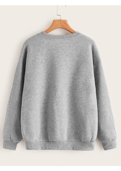Oversize Gri Virginia Bisiklet Yaka Baskılı Sweatshirt fiyatları