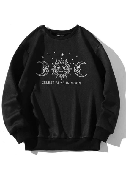 Ay Baskılı Siyah Oversize Sweatshırt