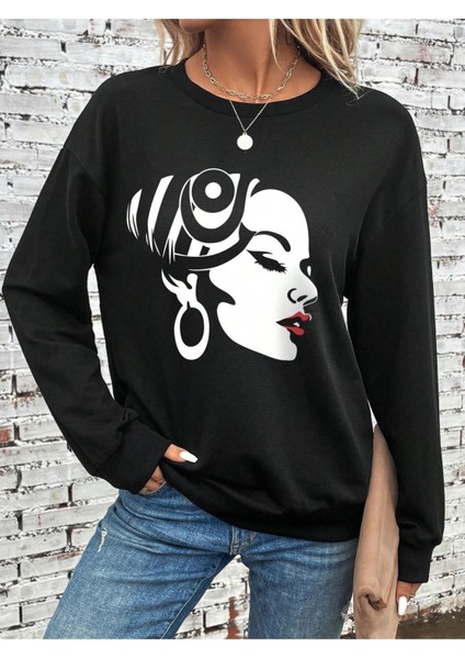 Beyaz Yüzlü Kadın Baskılı Bisiklet Yaka Ünisex Siyah Oversize Sweatshirt