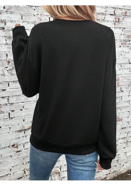 Beyaz Yüzlü Kadın Baskılı Bisiklet Yaka Ünisex Siyah Oversize Sweatshirt fiyatları