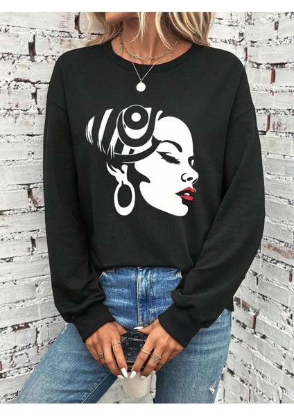 Beyaz Yüzlü Kadın Baskılı Bisiklet Yaka Ünisex Siyah Oversize Sweatshirt modelleri