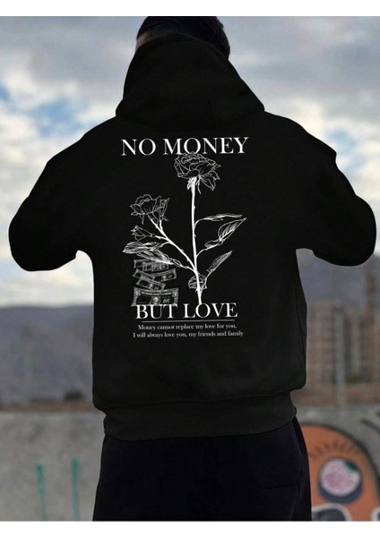 No Money Baskılı Ünisex Siyah Kapüşonlu Oversize Sweatshirt