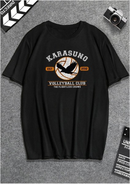 Siyah Erkek Karasuno Baskılı Oversize T-Shirt
