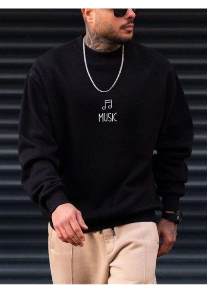 Music Baskılı Siyah Bisiklet Yaka Ünisex Oversize Sweatshirt