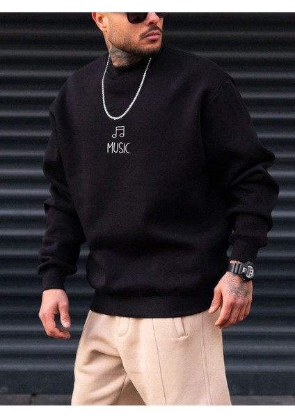 Music Baskılı Siyah Bisiklet Yaka Ünisex Oversize Sweatshirt modelleri