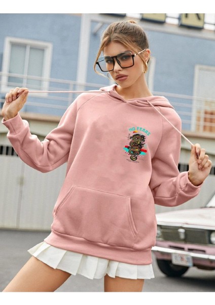 Oversize Pembe No Fears Baskılı Kapüşonlu 3 Iplik Sweatshirt