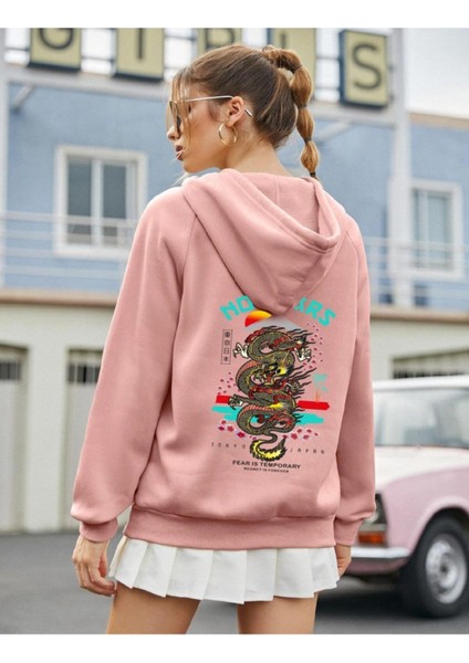 Oversize Pembe No Fears Baskılı Kapüşonlu 3 Iplik Sweatshirt