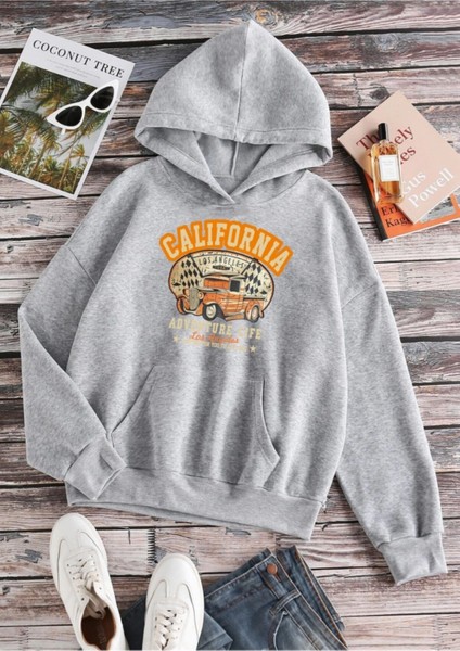 Oversize Siyah Kapşonlu California Baskılı Sweatshirt