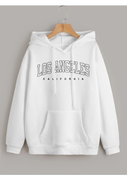Los Angeles California Baskılı Ünisex Siyah Kapüşonlu Oversize Sweatshirt