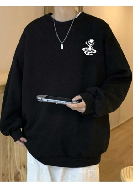 Minimal Baskılı Erkek Bisiklet Yaka Ünisex Oversize Sweatshirt