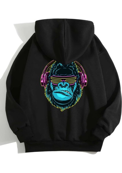 Goril Baskılı Oversize Kapüşonlu Sweatshirt