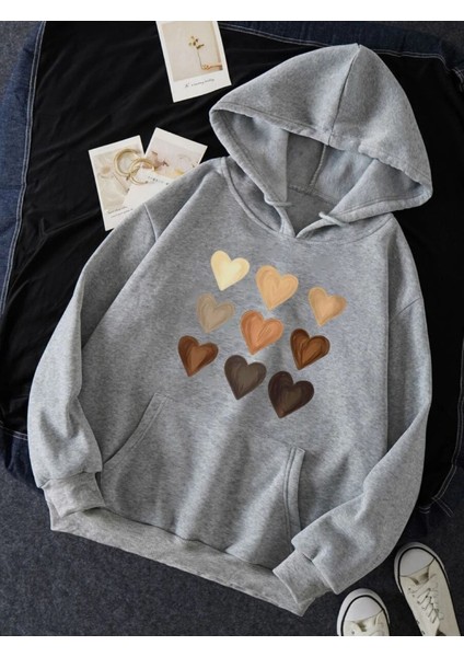 Kalp Baskılı Kapüşonlu Sweatshirt Oversize Kesim
