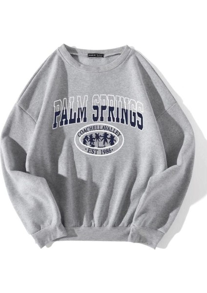 Kadın Gri Oversize Palm Springs Baskılı Sweatshirt