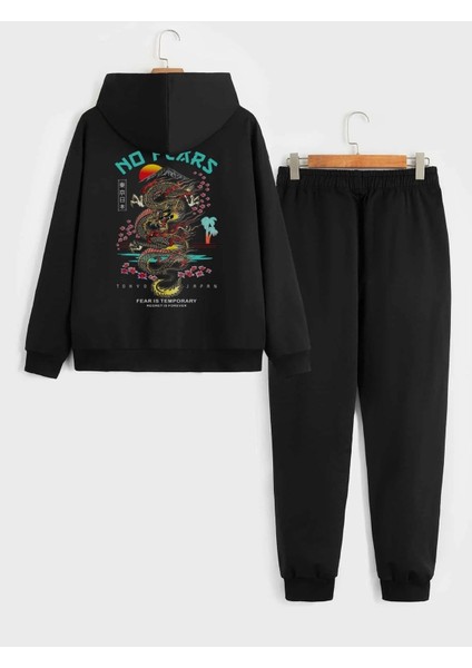 Oversize Gri No Fears Baskılı Kapüşonlu 3 Iplik Sweatshirt