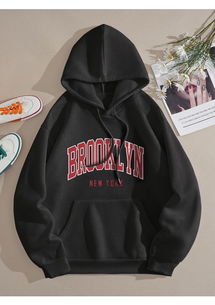 Brooklyn New York Baskılı Ünisex Kapüşonlu Oversize Sweatshirt