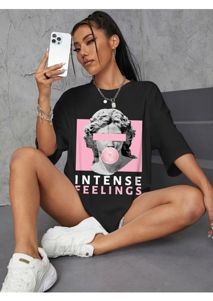 Intense Felling Baskılı Kadın Oversize Salas T-Shirt Boyfriend