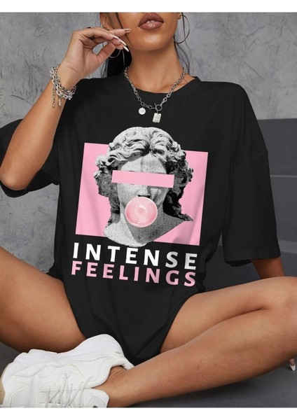 Intense Felling Baskılı Kadın Oversize Salas T-Shirt Boyfriend modelleri