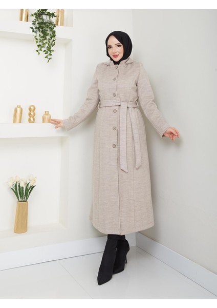 Kışlık Kadın Kaban Yünlü Kalın Kaşe Düğmeli Kapşonlu 57050