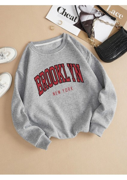 Brooklyn New York Baskılı Bisiklet Yaka Ünisex Oversize Sweatshirt
