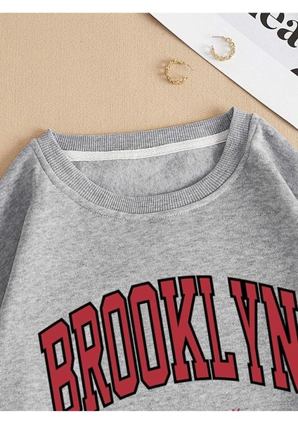 Brooklyn New York Baskılı Bisiklet Yaka Ünisex Oversize Sweatshirt fiyatları