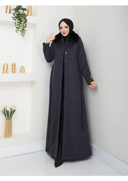 Düğmeli Kalın Yünlü Kaşe Yakası Kürklü Kışlık Kadın Pardesü Manto 145 cm 58015