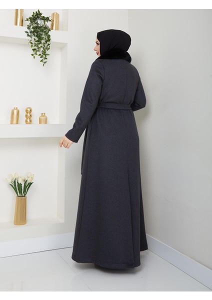 Düğmeli Kalın Yünlü Kaşe Yakası Kürklü Kışlık Kadın Pardesü Manto 145 cm 58015 fırsatları