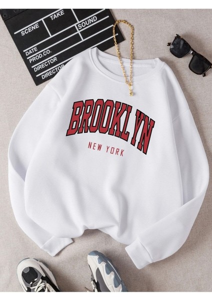 Brooklyn New York Baskılı Bisiklet Yaka Ünisex Oversize Sweatshirt