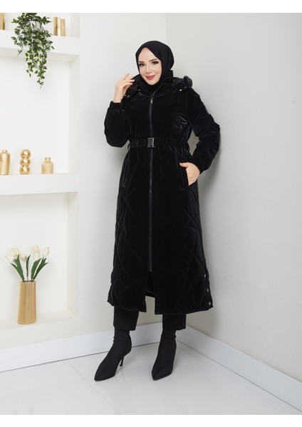 Kışlık Kadın Tesettür Kalın Kaban Şişme Kapitone Elyaf Dolum 67076 Siyah 120 cm Araboy