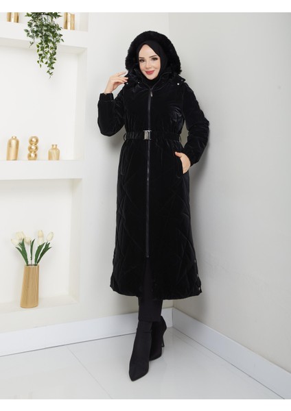 Kışlık Kadın Tesettür Kalın Kaban Şişme Kapitone Elyaf Dolum 67076 Siyah 120 cm Araboy