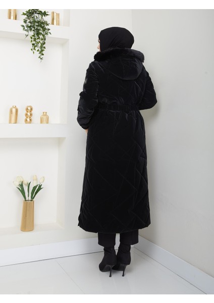 Kışlık Kadın Tesettür Kalın Kaban Şişme Kapitone Elyaf Dolum 67076 Siyah 120 cm Araboy
