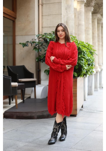 Kadın Yıkamalı Pamuk Elbise - Kırmızı