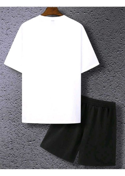 Erkek Basic Düz Sokak Stili Siyah Beyaz Şort T-Shirt Takım Oversize Salaş