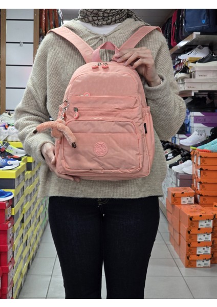 2113-8745 Kadın Krinkıl Kumaş Çok Gözlü Astarlı Petli Su Geçirmez Günlük Mini Sırt Çantası - NKT02113-PUDRA-TEKEBAT