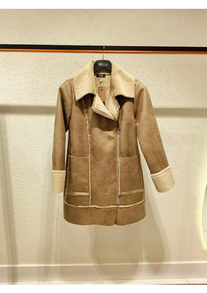 Crok Suni Deri ve Içi Soft Kürk Kaplı Spor Kaban-Kahverengi