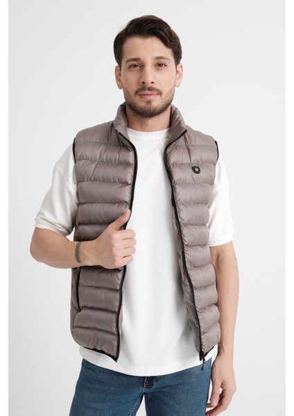 Erkek Polyester Elyas Fermuarlı Koyu Gri Kapitone Yelek - 1004