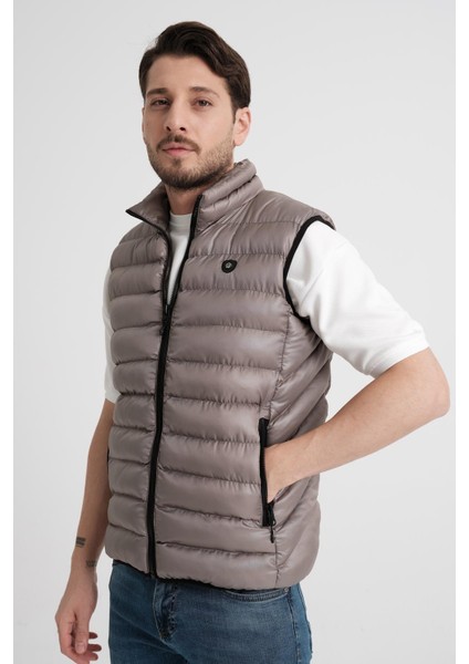 Erkek Polyester Elyas Fermuarlı Koyu Gri Kapitone Yelek - 1004