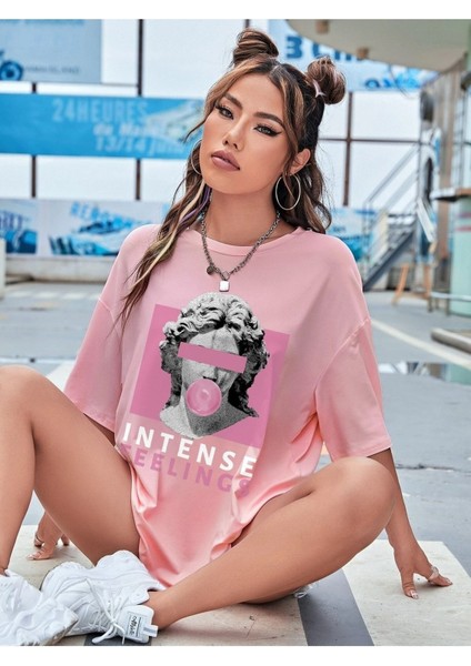 Intense Felling Baskılı Kadın Oversize Salas T-Shirt Boyfriend