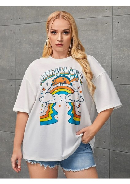 Beyaz Oversize T-Shirt Marvelous Baskılı