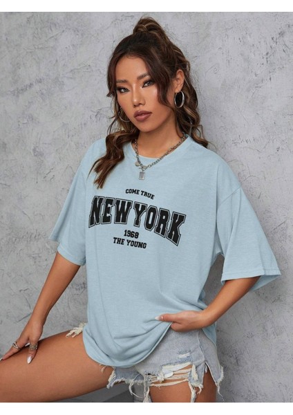 New York 1968 Baskılı Kadın Oversize Salas T-Shirt Boyfriend