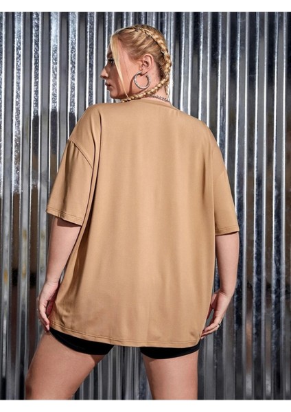 Bej Oversize T-Shirt Kelebek Baskılı