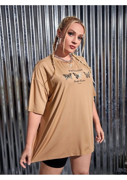 Bej Oversize T-Shirt Kelebek Baskılı