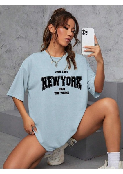 New York 1968 Baskılı Kadın Oversize Salas T-Shirt Boyfriend modelleri