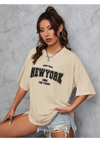 New York 1968 Baskılı Kadın Oversize Salas T-Shirt Boyfriend