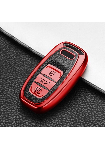 Kırmızı Audi A1 A3 A4 A5 A6 A7 A8 Quattro Q3 Q5 Q7 Için Sıcak Tpu+Deri Dokulu Araç Uzaktan Akıllı Anahtar Kılıf Kapak Kabuk Aksesuarları (Yurt Dışından)
