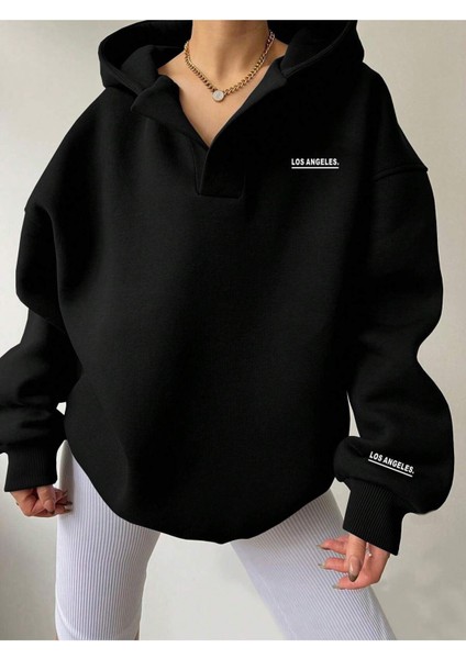 V-Yaka Kapüşonlu Basic Kol Baskılı Oversize Swetshirt