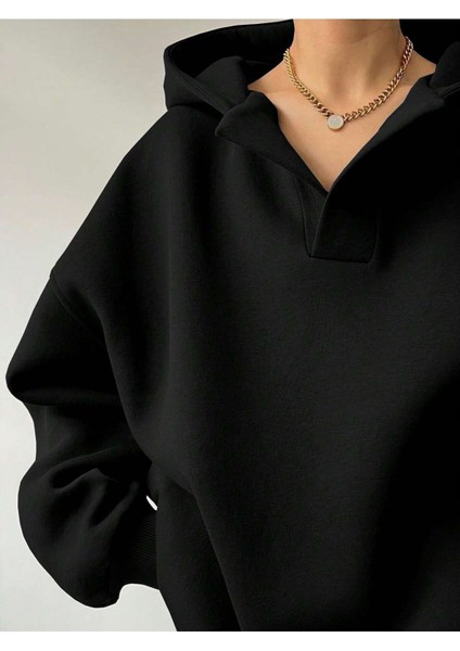 V-Yaka Kapüşonlu Basic Kol Baskılı Oversize Swetshirt modelleri