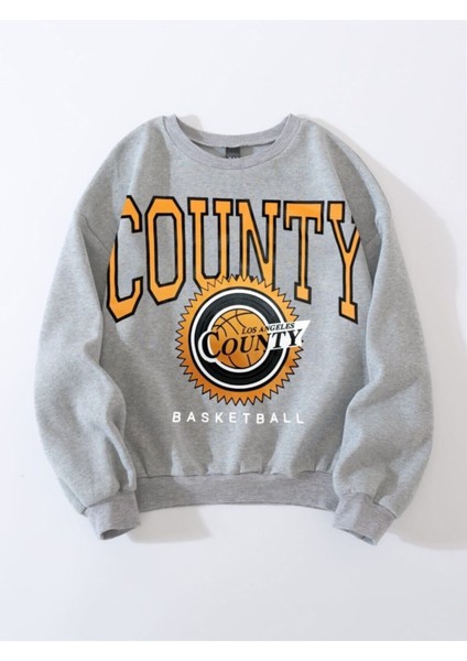 Kadın Gri Oversize County Baskılı Sweatshirt